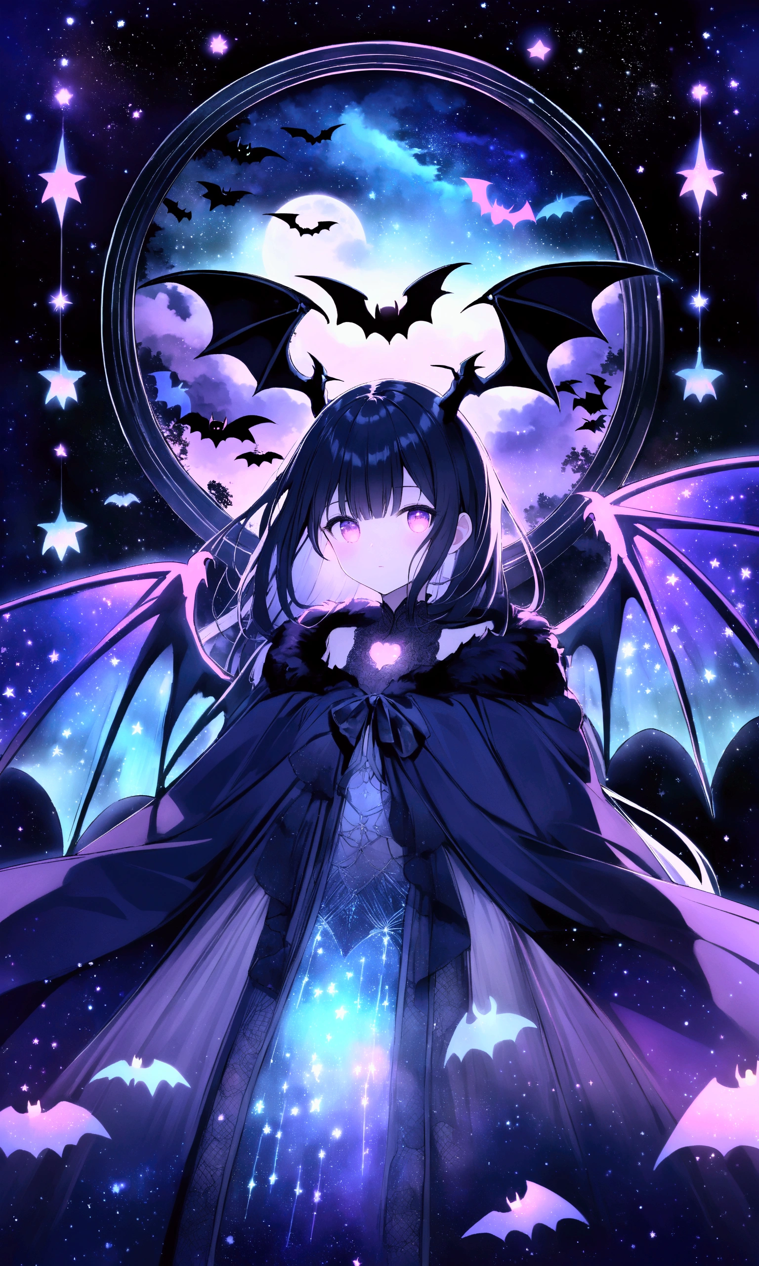 ((((black light poster art))))、Design a captivating piece of art that captures the mystical charm of nocturnal bats。Bats spread their wings、Decorated with intricate patterns that glow in the dark、Surrounded by an enchanting night sky filled with stars and moonlit clouds。