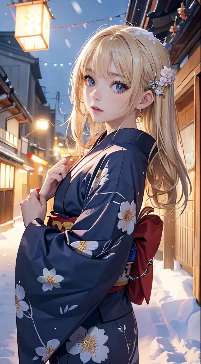 (masterpiece),(Highest quality:1.2),One Girl,(Masseter muscle area:1.3),Exquisite detail, Highest qualityの8K解像度,Vibrant colors, Warm and gentle lighting,(Melody Mark:1.3),(Black floral kimono:1.3),(Lots of lanterns),(Smooth and straight blonde hair:1.4),(Hair parted in the middle:1.3),(Shiny Hair),(Dark blue eyes:1.3),Cute Smile,White skin, Barrette,Small Necklace,(Kyoto in the snow:1.3)、