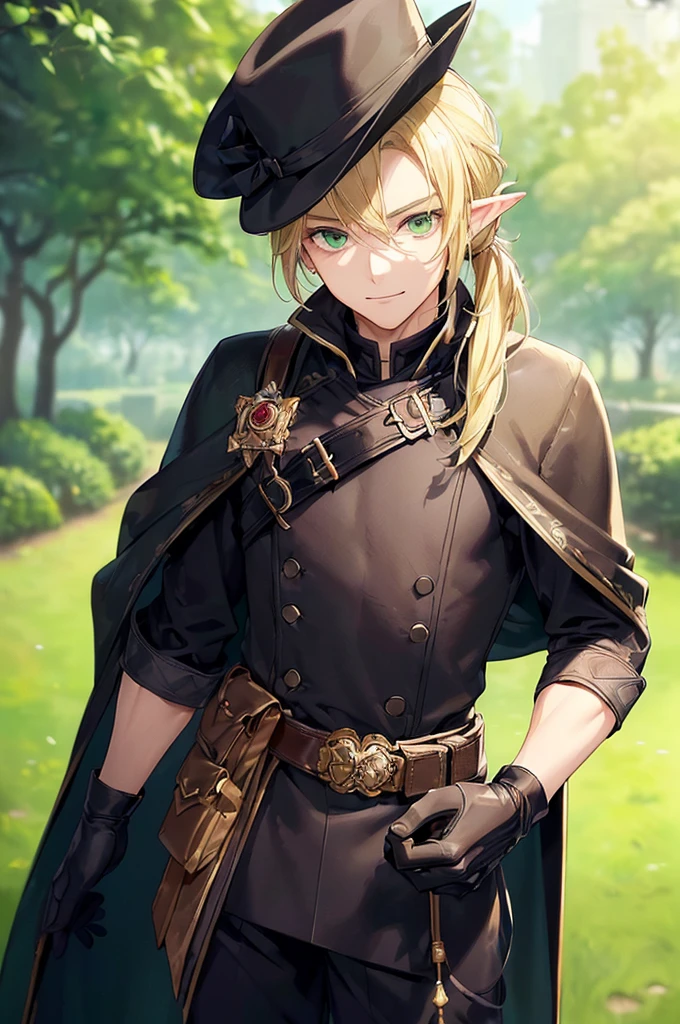 (((masterpiece; best quality: 1.2))), (finely detailed eyes: 1.3), (25 year old elf man), (solo), (green eyes: 1.4), (body; toned, fit, masculine: 1.3), (silky blonde hair in low ponytail: 1.3), (beautiful and clear background: 1.2), ((depth of field)), (equipment: adventurer garb + modest + elegant wide-brimmed hunter hat + black overcoat + black long cape + black pants + gloves + belt + pouches: 1.3), (anime illustration: 1.2), (background composition; royal garden: 1.1), (extremely fine and handsome: 1.1), (shot composition; standing + centered on torso + close-up: 1.5), (expression; calm, smile: 1.2)
