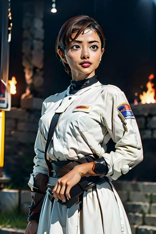 A still from a film showing a female mech pilot standing in front of her (Large combat mech:1.3), Sci-Fi Armor, military base, Strong winds, Sci-fi helmet in hand, visor, Detailed eyes, dry skin, Skin fuzz, Visible skin hair, Skin blemishes ,, Shallow depth of field, Vignette, Very detailed, big budget hollywood movie, Bokeh, CinemaScope, Sulky, amazing, nice, Film Grain