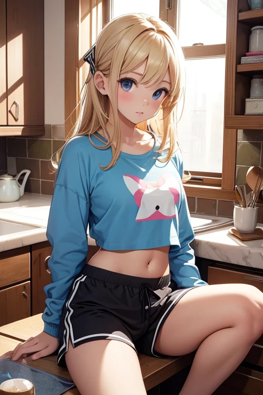 (Masterpiece, top quality, absolute resolution, real stick, realistic materials and textures, perfect anatomy), BREAK Subject: Photo girl Subtitle: Junior high school girls, thighs, small, cute, cotton pajama shorts, crop top, BREAK ribbon,star item, small window, (Miscellaneous goods are placed in a mess:1.3),dresser, antimacassar , busty, blond hair, topless, sitting on counter in kitchen
