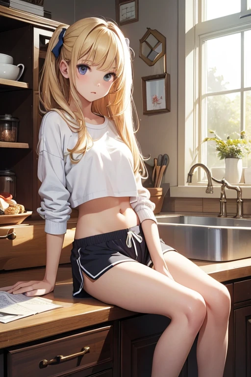(Masterpiece, top quality, absolute resolution, real stick, realistic materials and textures, perfect anatomy), BREAK Subject: Photo girl Subtitle: Junior high school girls, thighs, small, cute, cotton pajama shorts, crop top, BREAK ribbon,star item, small window, (Miscellaneous goods are placed in a mess:1.3),dresser, antimacassar , busty, blond hair, topless, sitting on counter in kitchen