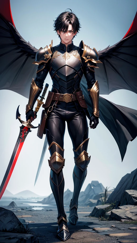 アニメ, 18 year old boy, {Perfect and detailed face},[perfect nose], {Bblack hair}, {[very detailed green eyes]},{visible lips}, {[(full body and detailed)]},
{black and red armor with rich details},{holding a sword with a golden blade}, 
{8k image}, {ultra resolution}, {ultra quality},(high quality sharpness)
