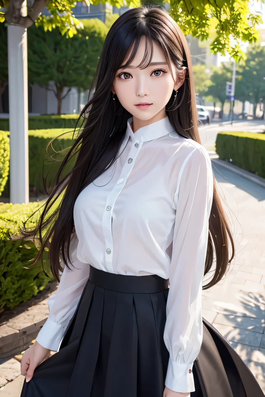(In 8K, Raw photo:1.2)Detailed face and eyes,Best Quality, 超High resolution, Extremely detailed 、Fine details, High resolution, high quality、Perfect dynamic composition, Beautiful detailed eyes, Black Hair、long hair, Small breasts、Natural color lip、20 year old girl、1 person、Clear skin、Shiny Hair、Random facial expressionastepiece, Best Quality, Fine details, High resolution、The correct state of the human body，Hair flying in the wind、(Black long skirt)、clear、Elegant appearance、Elegant appearance