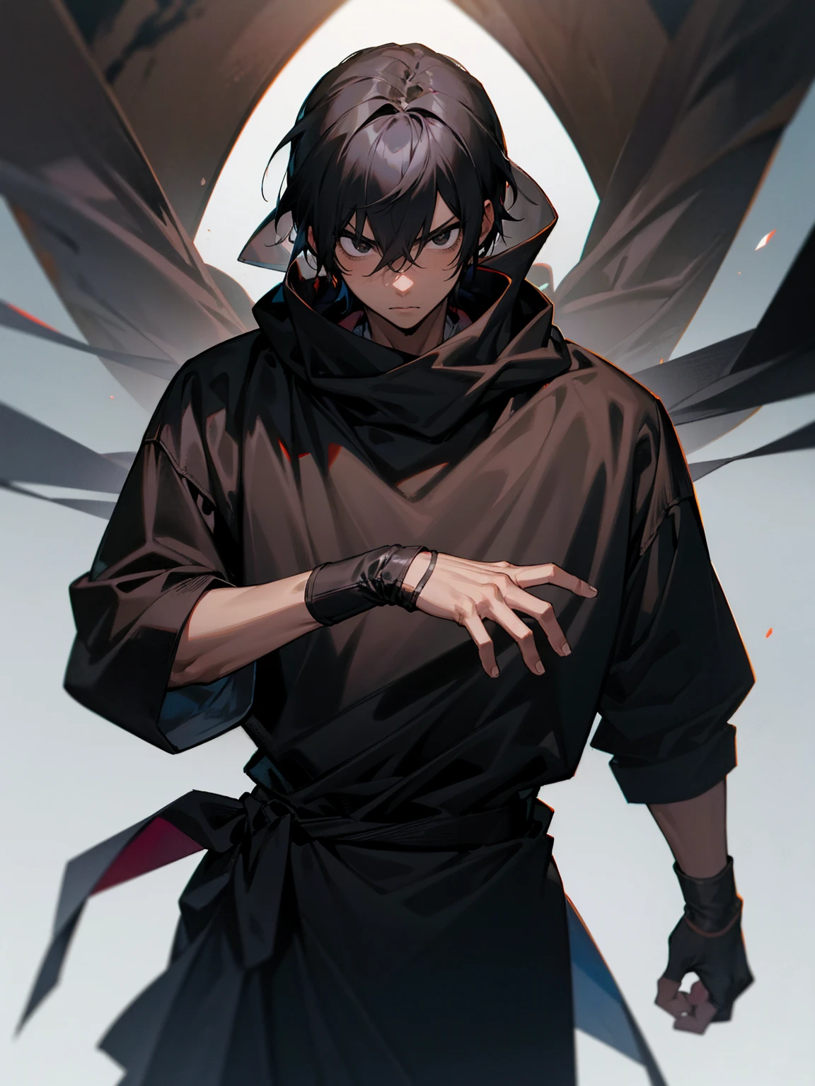 1male, young, black eyes, black hair, tied to the back, darkskin, black wrappings on arms, black glove, black yukata, brown sweatshirt, serious