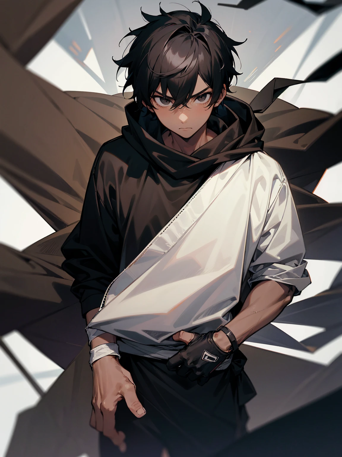 1male, young, black eyes, black hair, tied to the back, darkskin, black wrappings on arms, black glove, black yukata, brown sweatshirt, serious