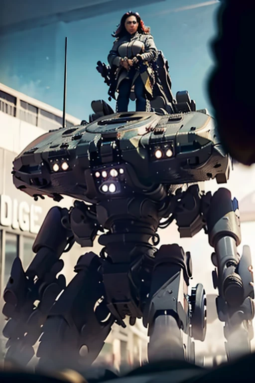 A still from a film showing a female mech pilot standing in front of her (Large combat mech:1.3), Sci-Fi Armor, military base, Strong winds, Sci-fi helmet in hand, visor, Detailed eyes, dry skin, Skin fuzz, Visible skin hair, Skin blemishes ,, Shallow depth of field, Vignette, Very detailed, big budget hollywood movie, Bokeh, CinemaScope, Sulky, amazing, nice, Film Grain