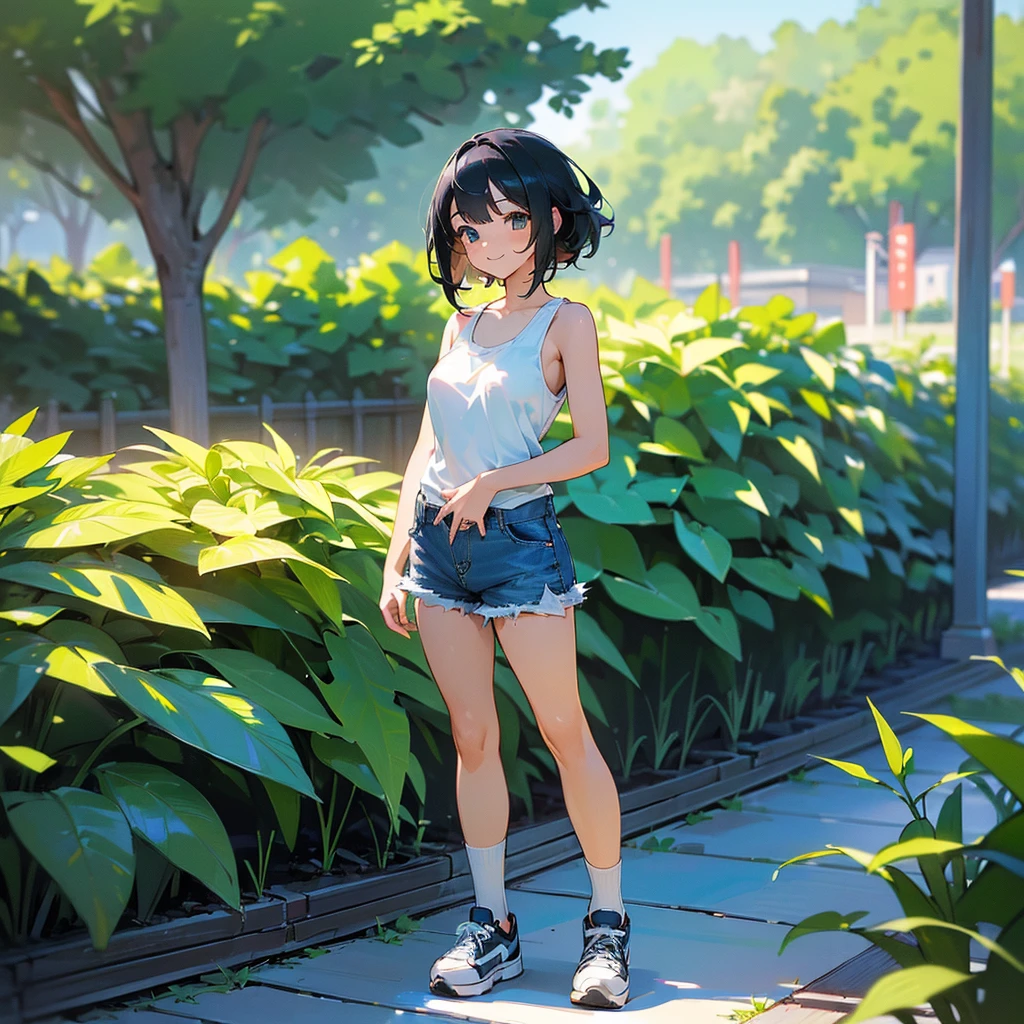 (high quality, High resolution, Very detailed, reality:1.37), Peaceful atmosphere, (Outdoor, garden), Teenage girl standing alone, (my breasts are big.), Beautiful details, Cute Smile, (Black bob hair), White tank top, Denim shorts, Blue socks, sneakers.
