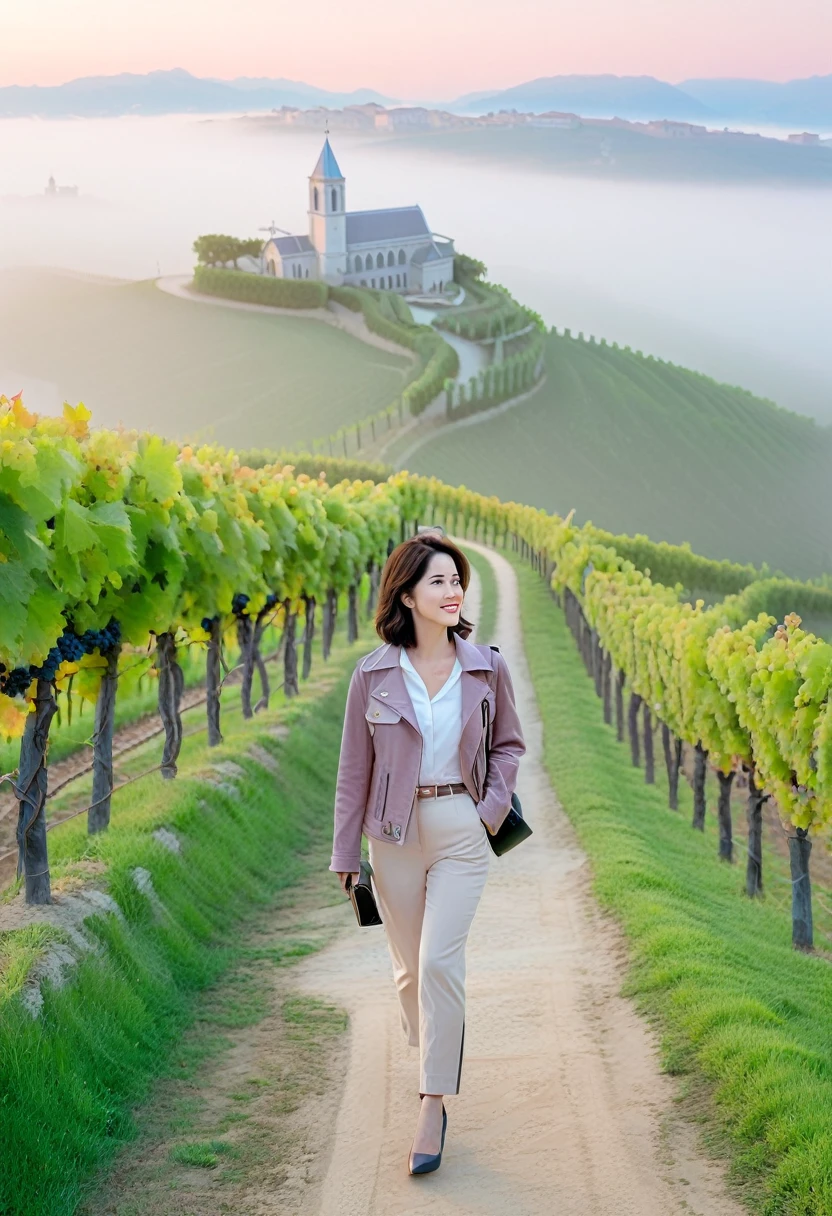 8k, high quality, Vivid picture quality, Beautiful 36 year old Korean woman. Son Ye-jin is inspired. Short hair, Light pink shirt and luxury Brent Rider jacket, beige casual pants, Dawn fog, italian countryside dawn, Vineyard covered in thick fog, The cathedral can be seen in the distance from the vineyard.. Walking on a curved path, look up. Full body with Canon camera 16-35 wide angle lens, three-dimensional vines and leaves, Walking down a curved path on a hill.