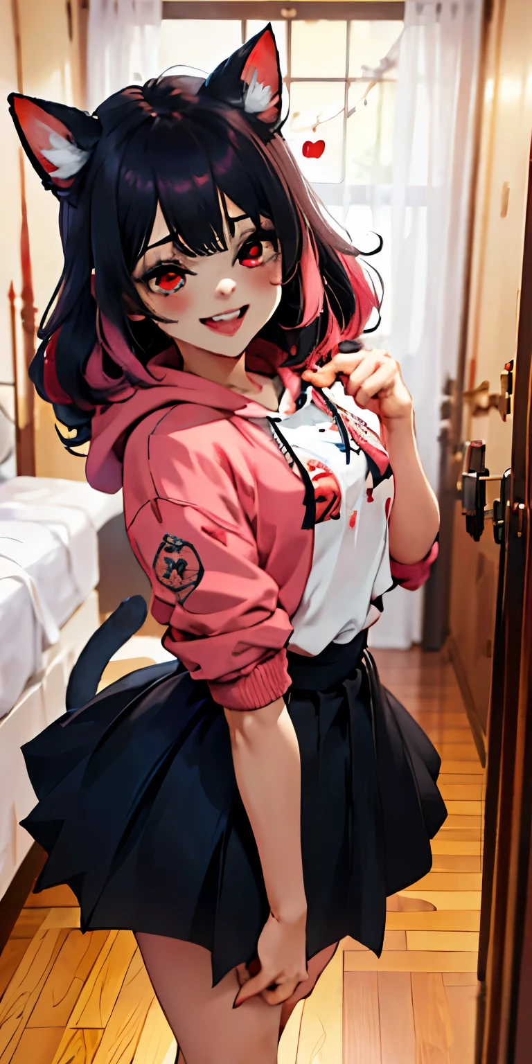 ((1girl, junkotvv, cabello ?????, orejas de gato, ojos rojos)), medium blue and pink hair, red eyes, heart eyes, wearing pink hoodie, wearing gray skirt, bedroom, absurdres, high res, ultrasharp, 8K, masterpiece, looking at viewer, bloody knife, crazy in love, crazy smile, blood on face, laughing hysterically, blood on dress, yandere, psycho