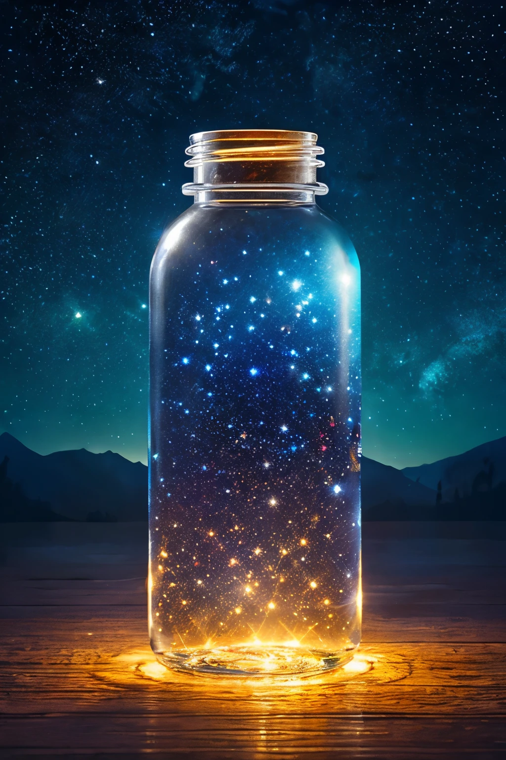 masterpiece、Highest quality、（A very delicate and beautiful starry sky scene trapped in a bottle）、World Masterpiece Theatre、High resolution equirectangular projection、Highest quality、Awareness-raising、material、canvas、oil、realism、Realistic