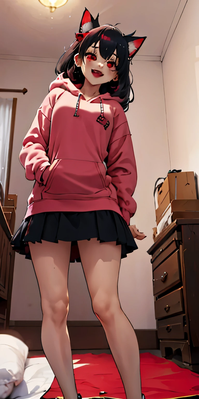 ((1girl, junkotvv, cabello negro, orejas de gato, ojos rojos)), medium blue and pink hair, red eyes, heart eyes, wearing pink hoodie, wearing gray skirt, bedroom, absurdres, high res, ultrasharp, 8K, masterpiece, looking at viewer, bloody knife, crazy in love, crazy smile, blood on face, laughing hysterically, blood on dress, yandere, psycho