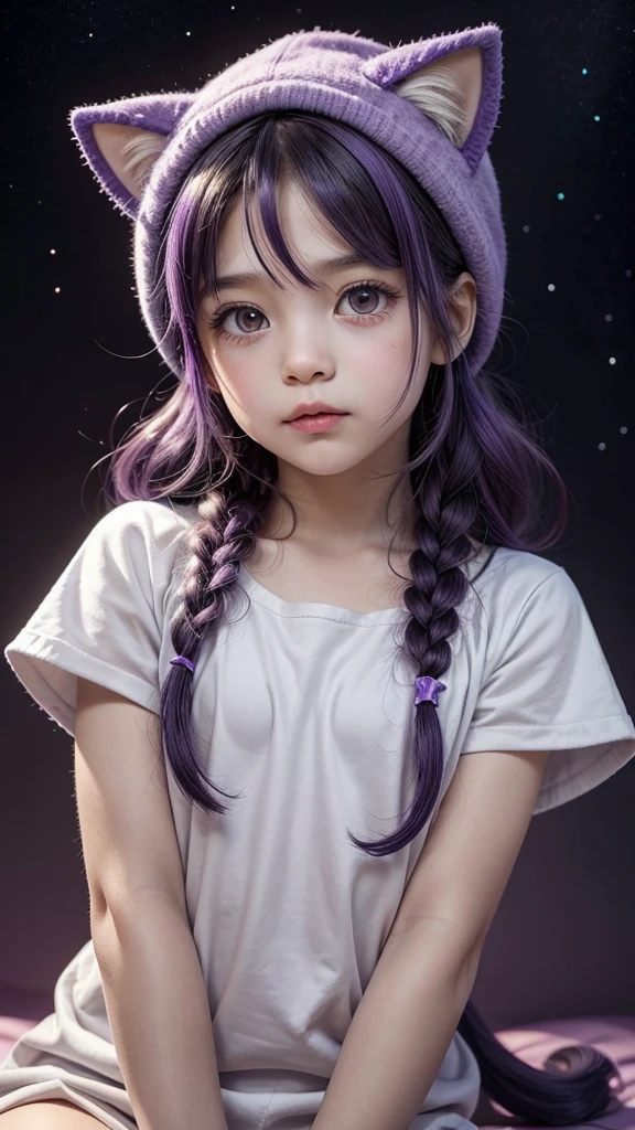 ddler, estilo chivi, with purple hair, cat hat with a star in the middle, light brown skin, purple eyes, long eyelashes, animated style, aladdin style clothing, star powers, be anime style, adorable , He looks good like a girl but he's a boy, in a pose saying "hello Carol" with a kind smile, with your arm extended upwards as if to say hello