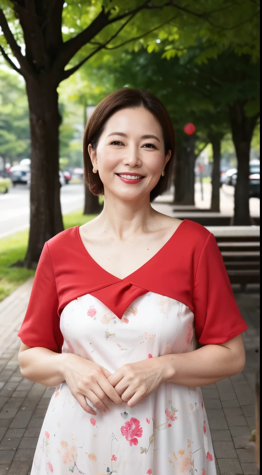 Standing in the park, Wrinkles around the eyes, Smiling with teeth showing, Plain short-sleeved clothing, senior citizen, Draw lips correctly, Red lipstick, No discomfort, 16K, Highest quality, Very detailed, Realistic, Very detailed肌, (Japanese), (alone), 60 years old, Large Breasts, , Glamour, sexy, Chromo White Skin, Staring straight ahead,