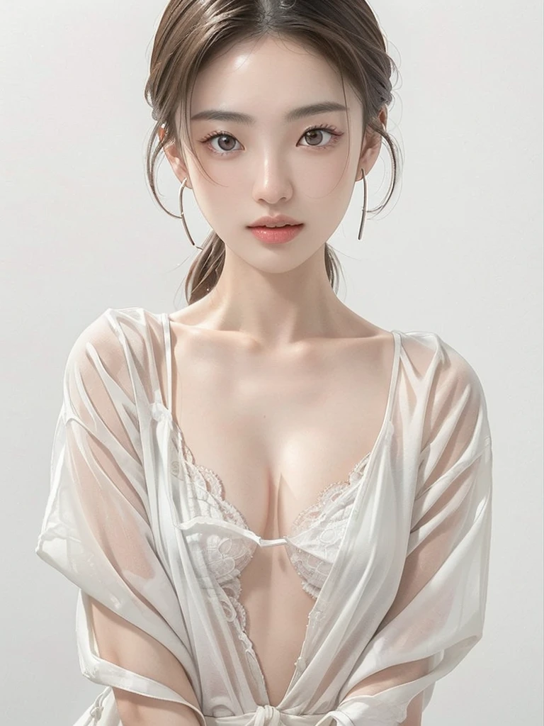 White Background、Professional Lighting、(((Professional Lighting 1.5)))、Translucent skin texture、Beautiful Skin、Beautiful Skin、、(((Whitening 1.5)))、、、音符のEcstasy、((White shirt 1.5))、Open your chest wide 1.4、No bra、Mid-shot photo、Simple Earrings、((tea hair))、、sex appeal、Sex Appeal、Ecstasy、(((Mid-shot photo1.5))、(((1.85)))