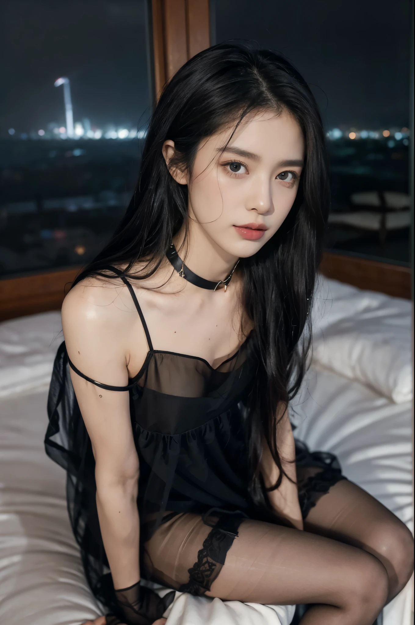 (Masterpiece, Top quality, Best quality, offcial art, Beautiful and aesthetic:1.3),Leather sofa, beautiful girl in a lace halter neck dress,with a bright night scene in the distance,(1girll:1.4),full body,vogue photography, Shoot H&m,Huge, soft saggy breasts, (breasts too large: 1.9), Little girl,pony-tail hair,High heels,Spread legs, Gothic,Wide- angle view,