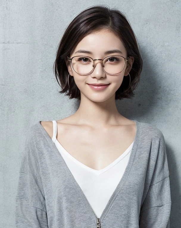 Beautiful woman with perfect figure, Highly detailed face and skin texture, A light smile, Detailed eyes, short hair, slightly disheveled hair, Baggy clothes, White clothes, Center of chest, independent, Background Gray wall, High resolution, Realistic、Wearing glasses、