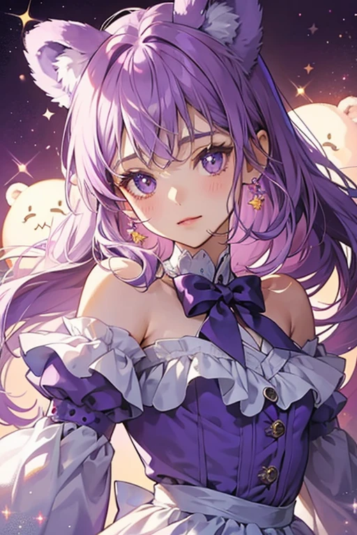 A purple marshmllow girl bear Num with a basic expression. The top of her head melts and drips down. She is glittery all around. She wears bows matching her body on her ears. SPARKLE; GLITTER