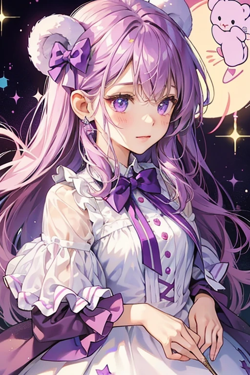 A purple marshmllow girl bear Num with a basic expression. The top of her head melts and drips down. She is glittery all around. She wears bows matching her body on her ears. SPARKLE; GLITTER