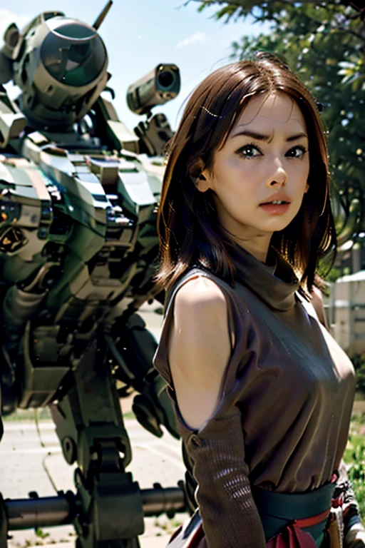A still from a film showing a female mech pilot standing in front of her (Large combat mech:1.3), Sci-Fi Armor, military base, Strong winds, Sci-fi helmet in hand, visor, Detailed eyes, dry skin, Skin fuzz, Visible skin hair, Skin blemishes ,, Shallow depth of field, Vignette, Very detailed, big budget hollywood movie, Bokeh, CinemaScope, Sulky, amazing, nice, Film Grain