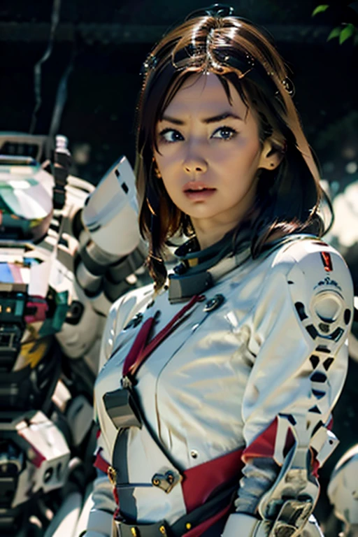 A still from a film showing a female mech pilot standing in front of her (Large combat mech:1.3), Sci-Fi Armor, military base, Strong winds, Sci-fi helmet in hand, visor, Detailed eyes, dry skin, Skin fuzz, Visible skin hair, Skin blemishes ,, Shallow depth of field, Vignette, Very detailed, big budget hollywood movie, Bokeh, CinemaScope, Sulky, amazing, nice, Film Grain