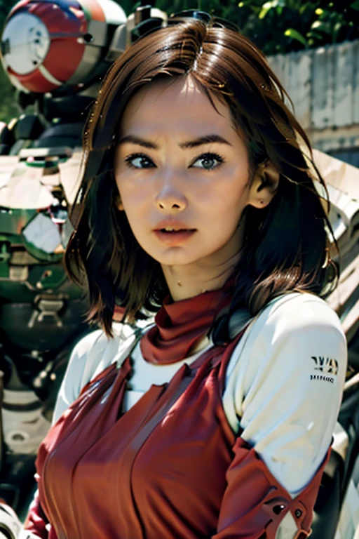A still from a film showing a female mech pilot standing in front of her (Large combat mech:1.3), Sci-Fi Armor, military base, Strong winds, Sci-fi helmet in hand, visor, Detailed eyes, dry skin, Skin fuzz, Visible skin hair, Skin blemishes ,, Shallow depth of field, Vignette, Very detailed, big budget hollywood movie, Bokeh, CinemaScope, Sulky, amazing, nice, Film Grain