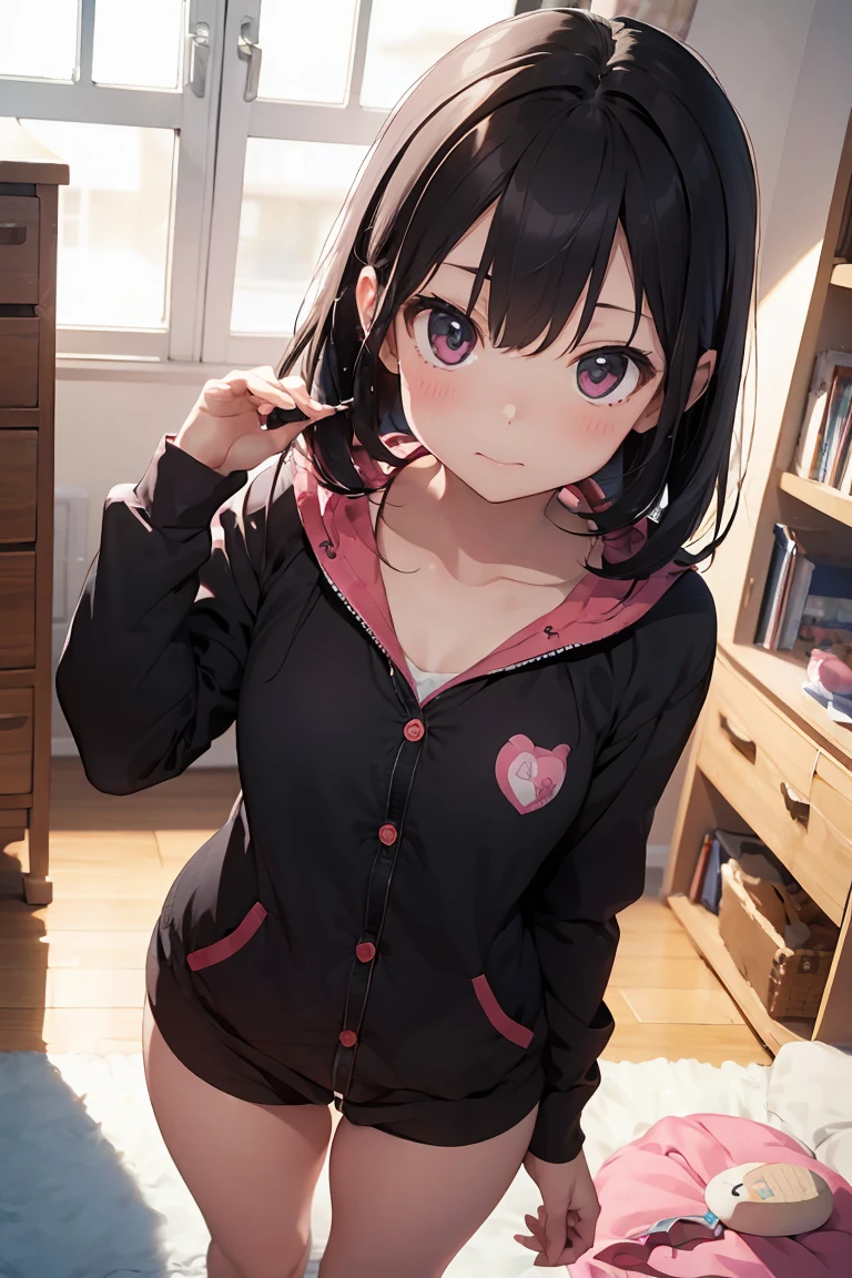 (Masterpiece, top quality, absolute resolution, real stick, realistic materials and textures, perfect anatomy), BREAK Subject: Photo girl Subtitle: Junior high school girls, thighs, small, cute, Kigurumi pajamas BREAK pink kawaii room , pink gothic room, messy room, Marchen, macarons, Candy, heart item, ribbon,star item, small window, (Miscellaneous goods are placed in a mess:1.3),dresser, antimacassar ,