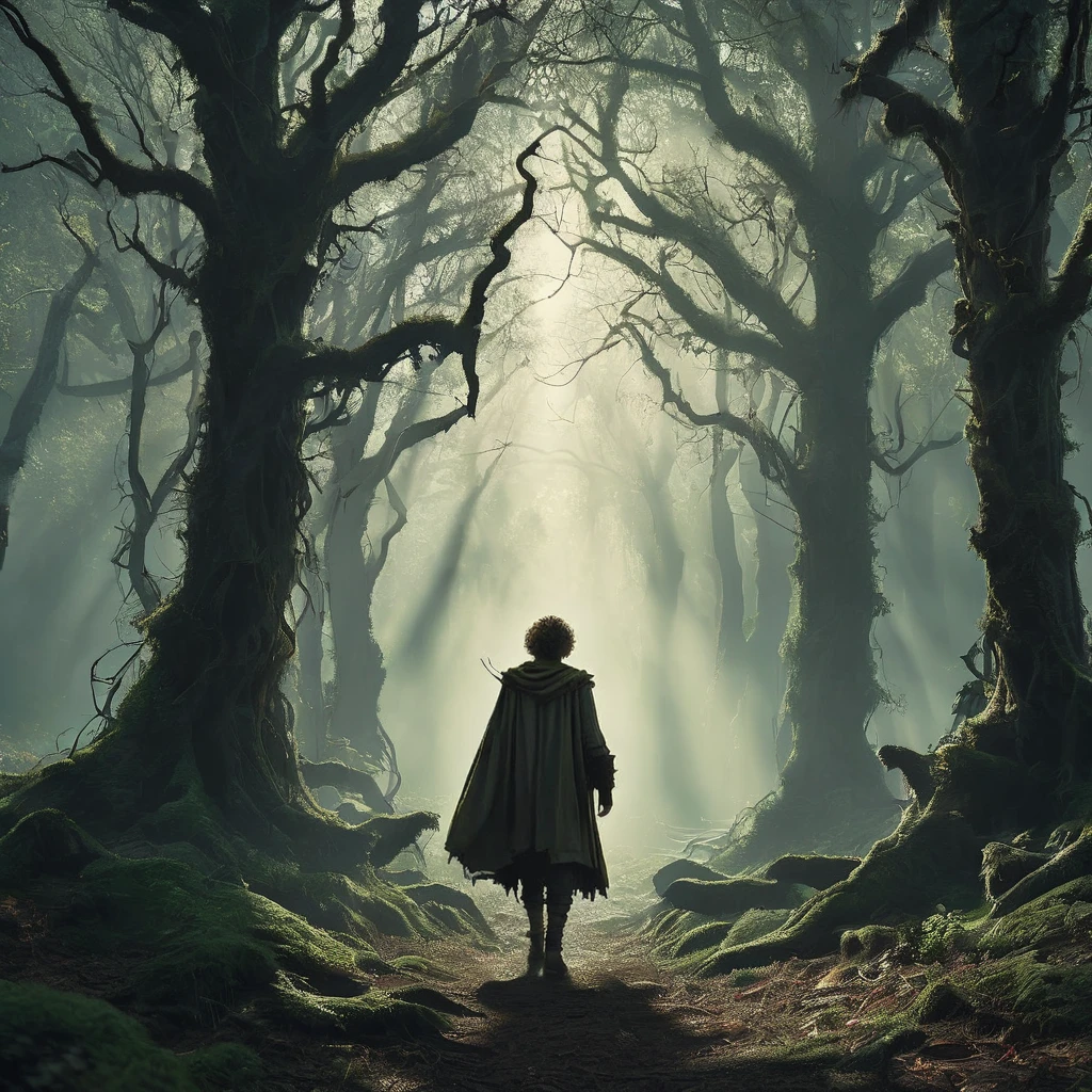A back view of a curly brown-haired boy walks cautiously through a dark, foreboding forest in the afternoon. The dense canopy overhead allows only slivers of sunlight to pierce through, casting eerie shadows on the forest floor. The boy, dressed in ragged medieval clothing. The twisted trees loom ominously around him, their gnarled branches resembling grasping hands. In the distance, faint whispers and the rustling of unseen creatures heighten the sense of danger and mystery in this medieval dark fantasy setting.