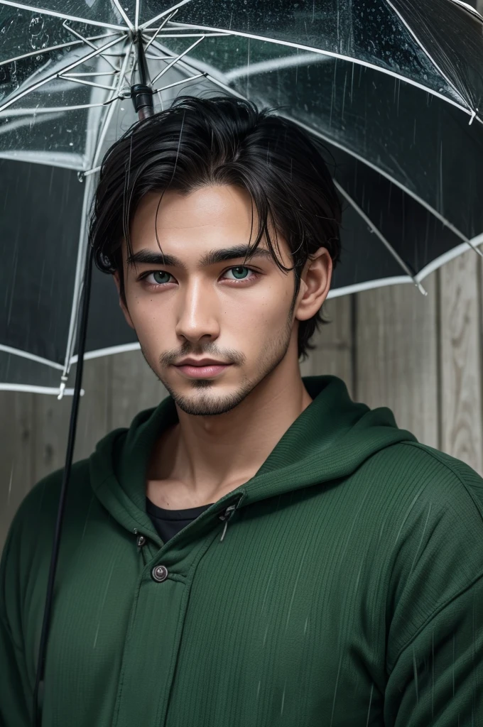 27 year old man but with rainy appearance, dark skin and light green eyes