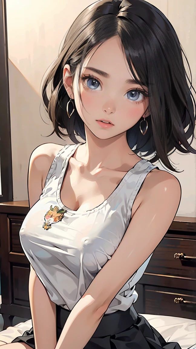 ((((highest quality)))), (((Ultra-precision CG 16K))), (((masterpiece))), (((Very detailed))), (((Extremely detailed))), (((Black outline:1.3, Written boundary depth:1.3 , Written soft outline))), Maximum clarity and sharpness,Multilayer Texture, Surface Shading, Cinematic lighting, Beautiful details sparkle ,Perfect Proportions, Limited to three woman, BREAK accurate, Anatomically correct, Highly detailed face and skin texture, drawn in detail, Highly detailed facial and skin texture, Detailed eyes, beautiful hair, Beautiful Japanese Idol face, Beautiful and beautiful eyes, Beautiful body, Beautiful breasts, Beautiful thighs, Beautiful legs, Beautiful fingers, (Beautiful views) , skinny body, ((Beautiful Skin)), ((Skin Texture)) BREAK breast enlarged, medium Breasts, rocket breasts, (perky breasts), (covered nipples), slender waist, ( narrow eyes, blush, determined expression, hot, sweaty , Heavy breathing,) BREAK (((wearing oversized character printed sexy tank top, wearing outfit in casual way, wearing pleats mini-skirt, breasts is covered by outfit))) , wearing earrings, BREAK ( stick breast out),(((looking at viewer, super detailed background , ))), BREAK (((portrait, close up, cowboy shot, looking at viewer, \(face waiting for kiss\):1.3))), BREAK (sitting, a girl Applying Lipstick In front of vanity table Mirror:1.3, natural make),