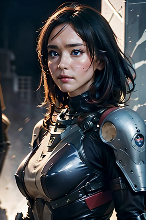 A still from a film showing a female mech pilot standing in front of her (Large combat mech:1.3), Sci-Fi Armor, military base, Strong winds, Sci-fi helmet in hand, visor, Detailed eyes, dry skin, Skin fuzz, Visible skin hair, Skin blemishes ,, Shallow depth of field, Vignette, Very detailed, big budget hollywood movie, Bokeh, CinemaScope, Sulky, amazing, nice, Film Grain