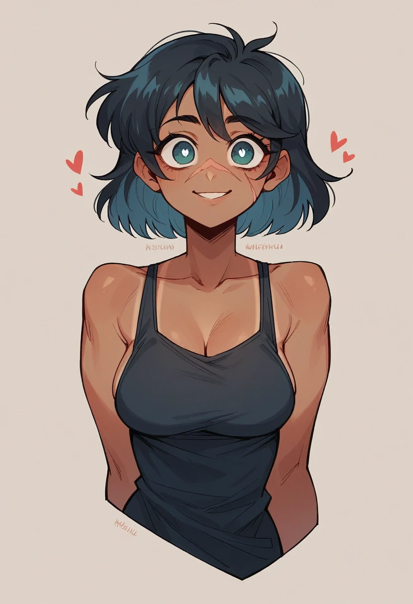 A woman with effortlessly tangled wavy black hair frames her heart-shaped face as she stands confidently facing the camera, her tanned skin glowing in warm lighting. She wears a black tank top, while a subtle smile plays with her thin-lipped mouth and potato-shaped nose. The scar between her breasts serves as a unique defining feature among her striking features, including large eyes.