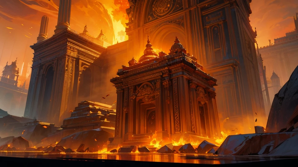 a beautiful temple of fire, dramatic lighting, glowing embers, ornate architecture, intricate details, warm colors, cinematic composition, dramatic shadows, epic scale, highly detailed, masterpiece, photorealistic, 8k