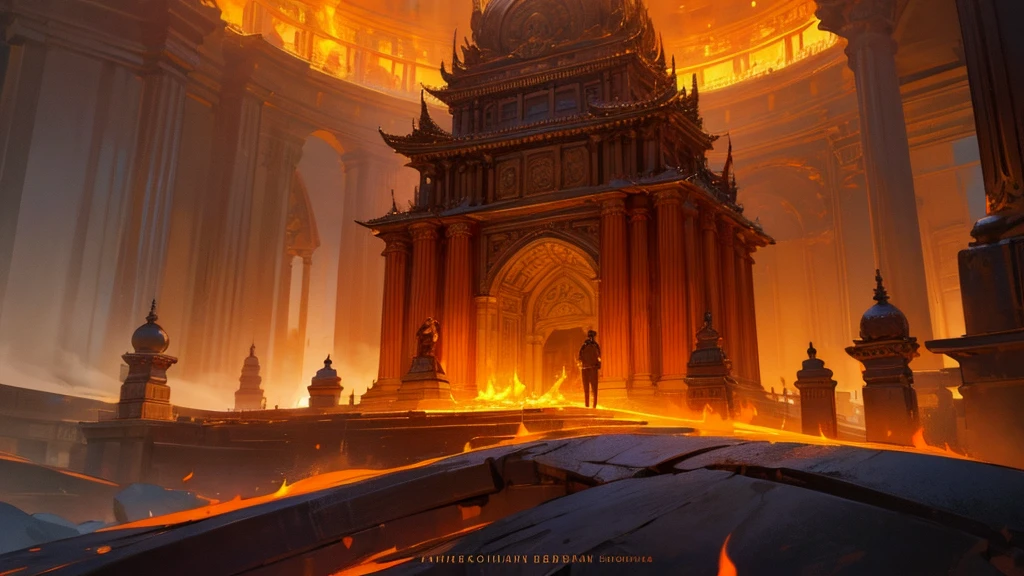 a beautiful temple of fire, dramatic lighting, glowing embers, ornate architecture, intricate details, warm colors, cinematic composition, dramatic shadows, epic scale, highly detailed, masterpiece, photorealistic, 8k