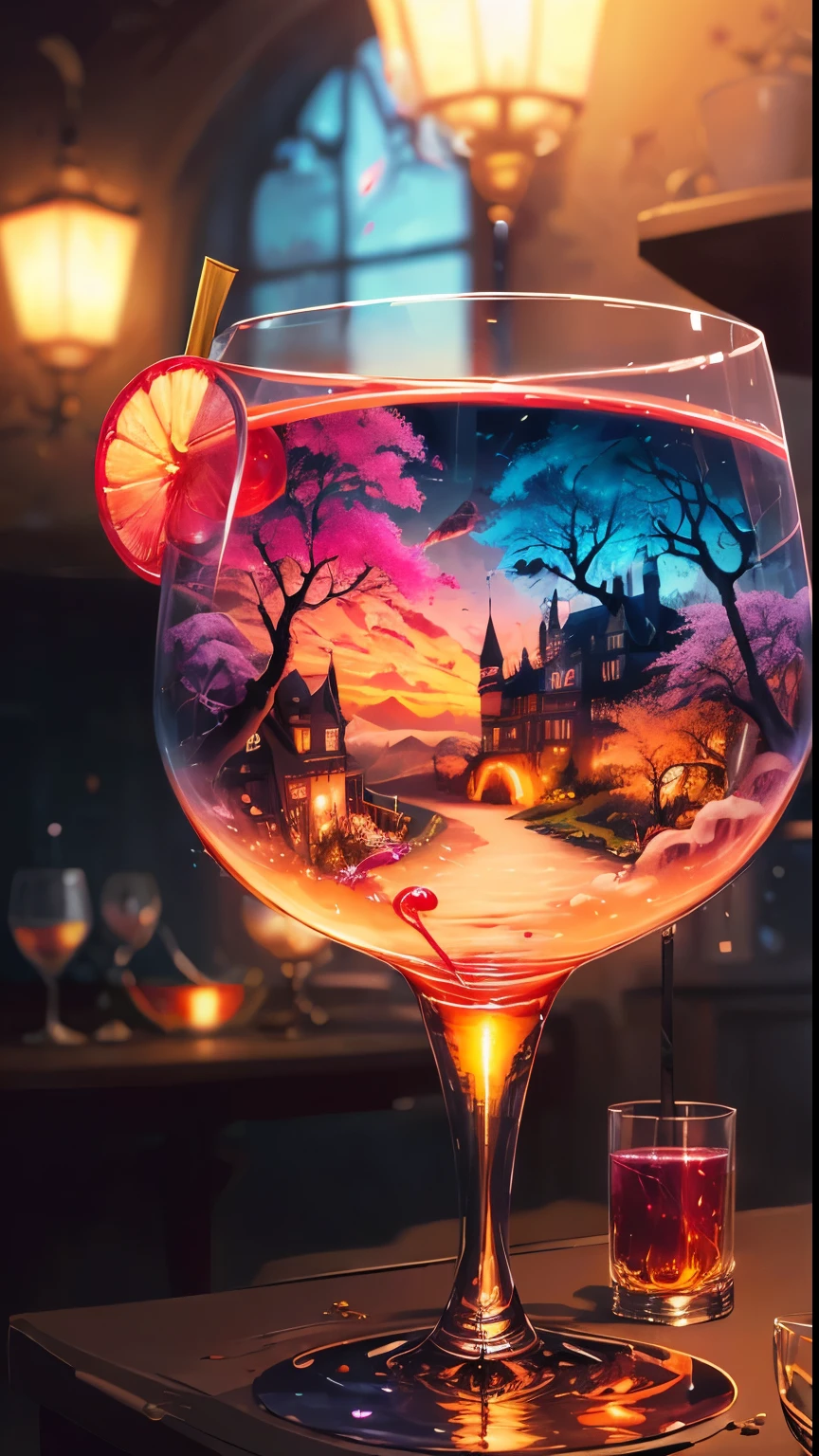 Cocktail World, colorful, No humans, scenery, Secret treasure in the castle, forest, Depth of written boundary , ((Blurred Background)),
masterpiece, Highest quality, Super detailed, Concept Art, Realistic, delicious, wine glass