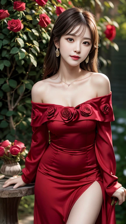 photography of a brightly sangmi nam who is korean actress,masterpiece,photorealistic,analog,realism,korean idol,slim leg, long_brown_hair,1 girl, very bright backlighting, solo, {beautiful and detailed eyes}, large , dazzling moonlight, calm expression, natural and soft light, hair blown by the breeze, delicate facial features, Blunt bangs, beautiful korean girl, eye smile, very small earrings, (wearing a red long party dress,off-shoulder_dress,:1.3),(many roses:1.5),(side slit:1.1),necklaces,standing,23yo, film grain, realhands,shy smile,shot from the knee up,model pose