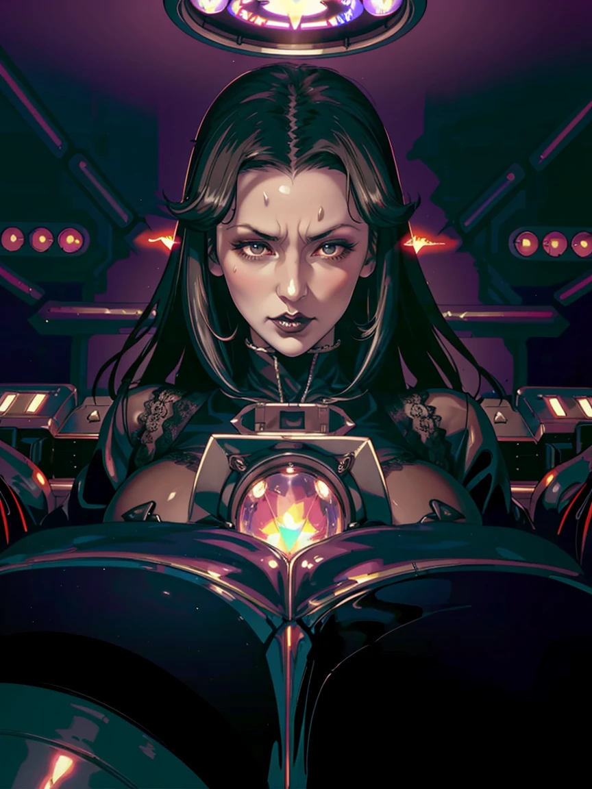 (((gothic vampire piloting) in gothic spacecraft)), (((retro anime))), ((from below)), ((120 fov)), ((((gothic)) control panels)), (((mature))), (((gothic))), (iridescent) bodysuit, ((((lace accessories)))), ((pilot seat)), ((((lying back)) pose)), (((elegant))), (((serious tone))), ((cockpit top control panel)), intricate control panel details, close-up, 1990s (style), masterpiece, ((claustrophobic)), best quality, screens, ((pilot helmet)), night, ((low key light)), (colorful cockpit lights), sparkles, (dramatic lighting), sweat, [blushing], [[pointy ears]], (dark background)