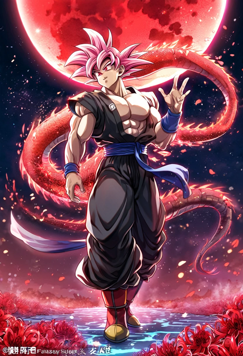 absurdres, highres, ultra detailed, HDR, master piece, best quality, extremely detailed, Goku, pink hair, expressive red eyes, Dragon Ball Super, solo, sexy man, handsome, sensual, black clothes, fantasy, red blood water, sparkling, red glittering fireflies, red moon, red blossoms, red spider lilies, red sparkling lights, starry sky, magical