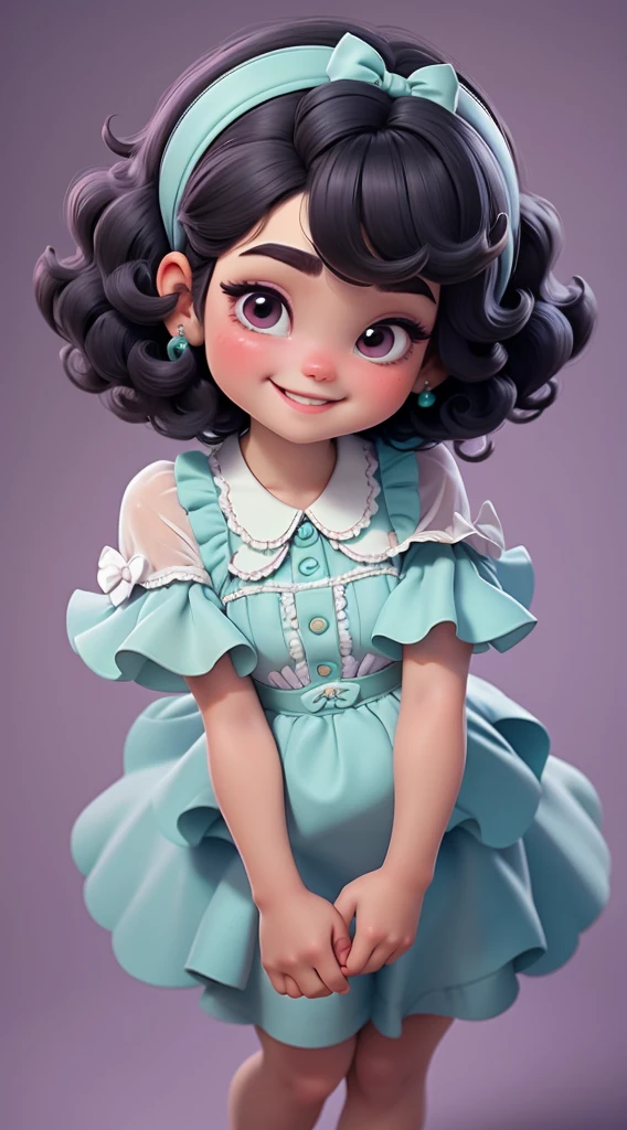 1 year old baby with short black hair,very short black power hair, curly hair, eyes black , smiling with lilac bow,lilac and aqua green dress with pearl details with white sabato and pearl details, she is standing, whole body ,doing it with hand number 1 With light brown skin
