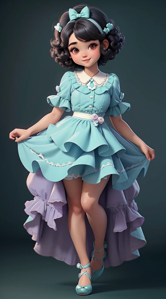 1  with short black hair,very short black power hair, curly hair, eyes black , smiling with lilac bow,lilac and aqua green dress with pearl details with white sabato and pearl details, she is standing, whole body ,doing it with hand number 1 With light brown skin
