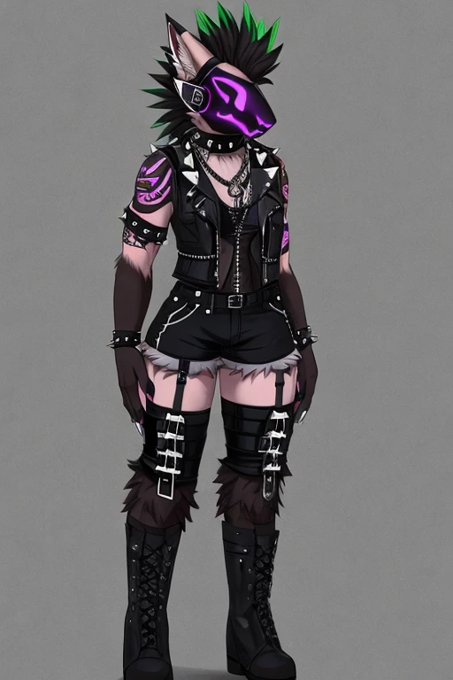 A protogen furry girl with a very crust punk asthetic. She has a  tall long thick deathhawk, about 40 cm tall, ear gages, nose ring, spiked collar, her fur is fluffy but the sides of her more hawk are shaved. Dark punk clothing, she bas a vest with lots of band patxhes and studs. A singlet, shorts, stockings and boots 