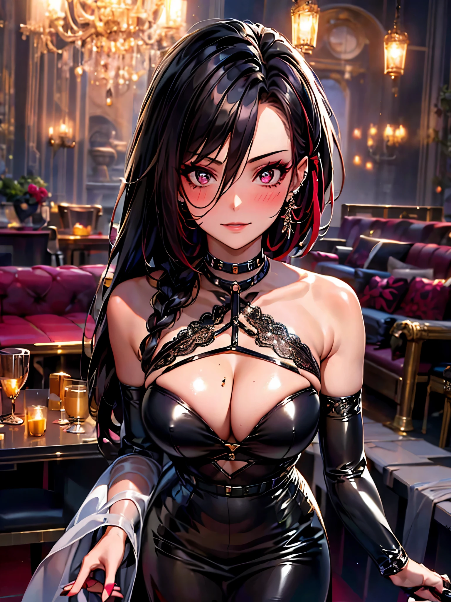 mature woman, 1 girl, alone, solo (masterpiece, best quality, very detailed), sharp focus, detailed face, face focus, focus on face, very detailed eyes, long black cyclamen hair, (cyclamen highlights: 1, 3), side bottom braid, cyclamen red eyes, (sparkling eyes: 1,2), long eyelashes, (strong blush: 1,2), delicate makeup, ((ball lace dress, long skirt, lace, elegant)), Crusader earrings, ear piercing, cinematic lighting, edge lightning, shading, dynamic angle, sharp image, perfect quality, perfectly crafted background, beautiful warm lights, sexy, ballroom, castle, dancing in ballroom, Crystal chandelier, close-up, portrait, solo, flowes