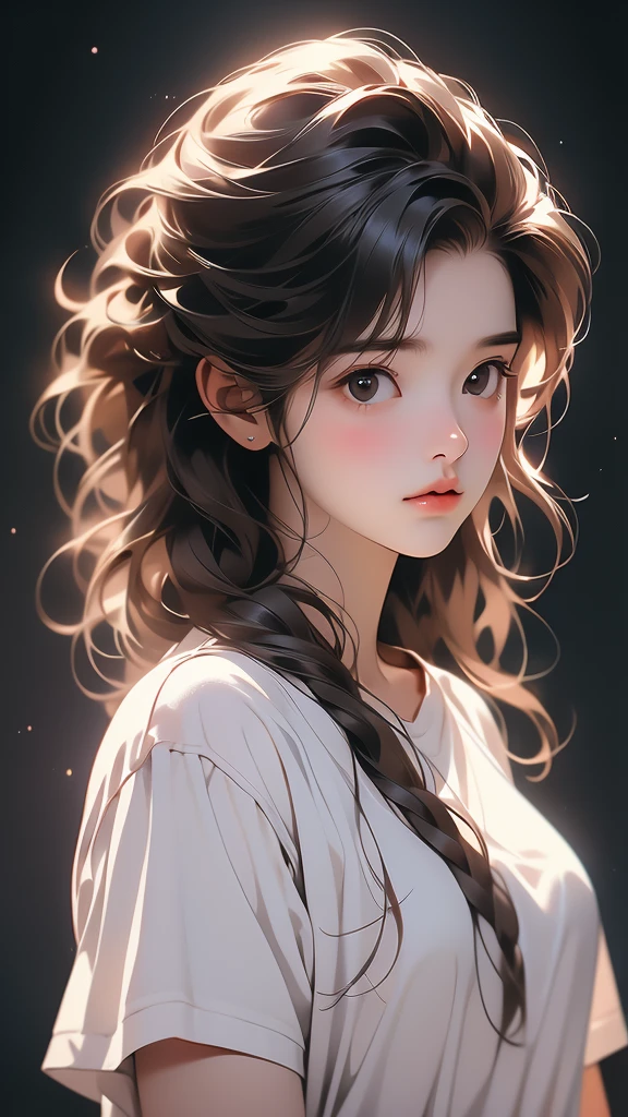 the girl is holding her hair in her hands and looking away from the camera, 1girl, solo, shirt, brown hair, looking at viewer, realistic, white shirt, upper body, black background
