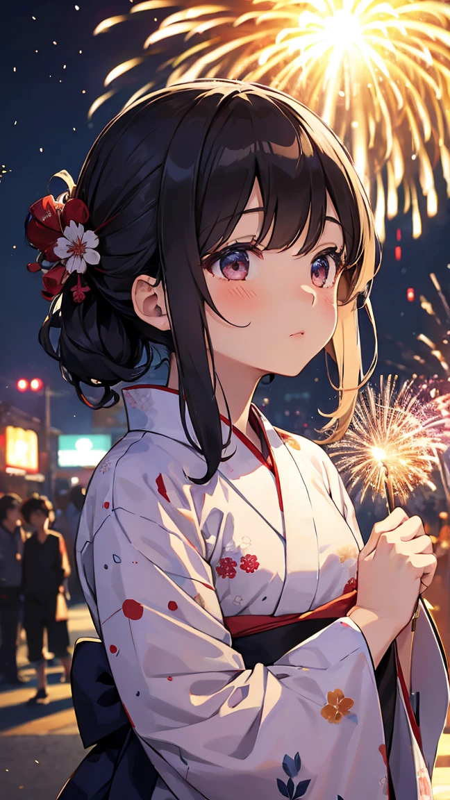 Girl in yukata, Looking up at the fireworks exploding into the sky at a night fireworks festival