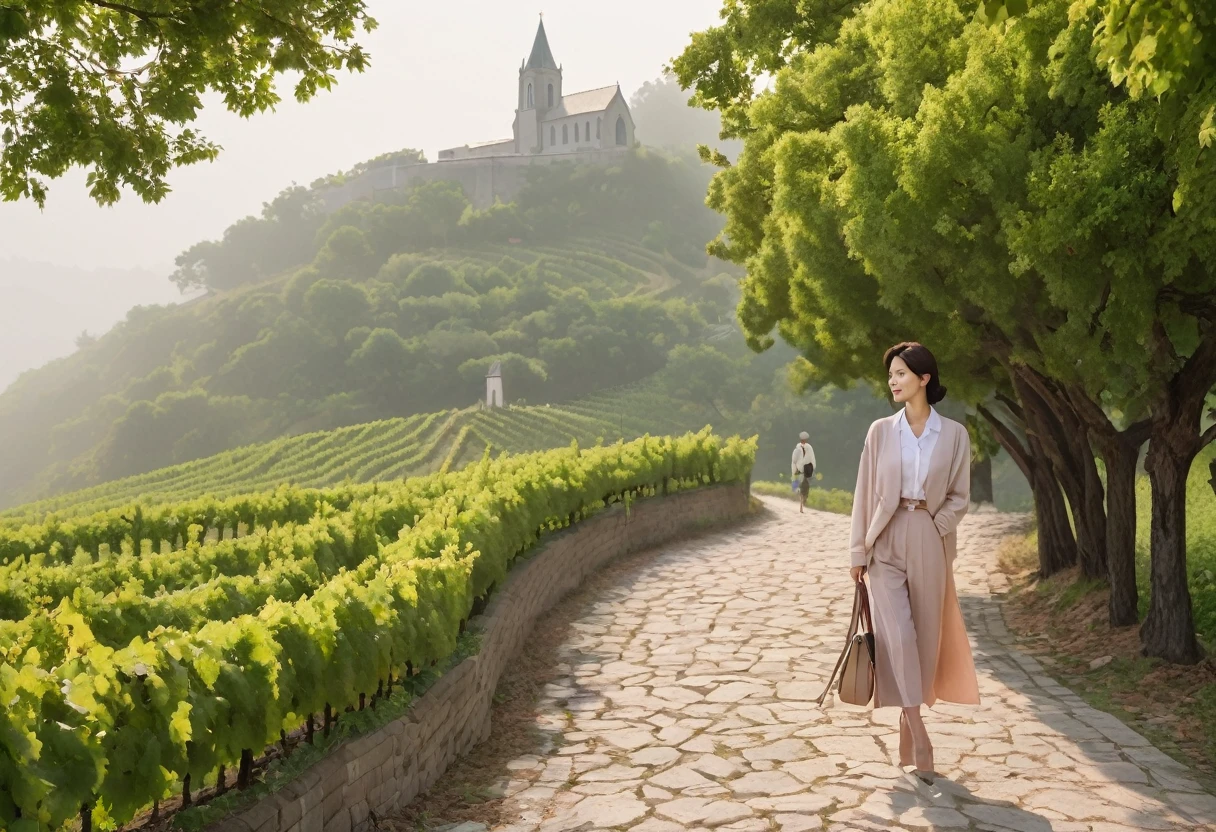 8k, high quality, Vivid picture quality, 아름다운 36세 한국 female. Son Ye-jin is inspired. Short in stature, Short hair, Light pink shirt and luxury Brent short cardigan, beige casual pants, Dawn fog, italian countryside dawn, Vineyard covered in thick fog, The cathedral is faintly visible in the distance.. Walking on a curved path, look up. Full body with Canon camera 16-35 wide angle lens, three-dimensional vines and leaves, female , Walking down a curved path on a hill