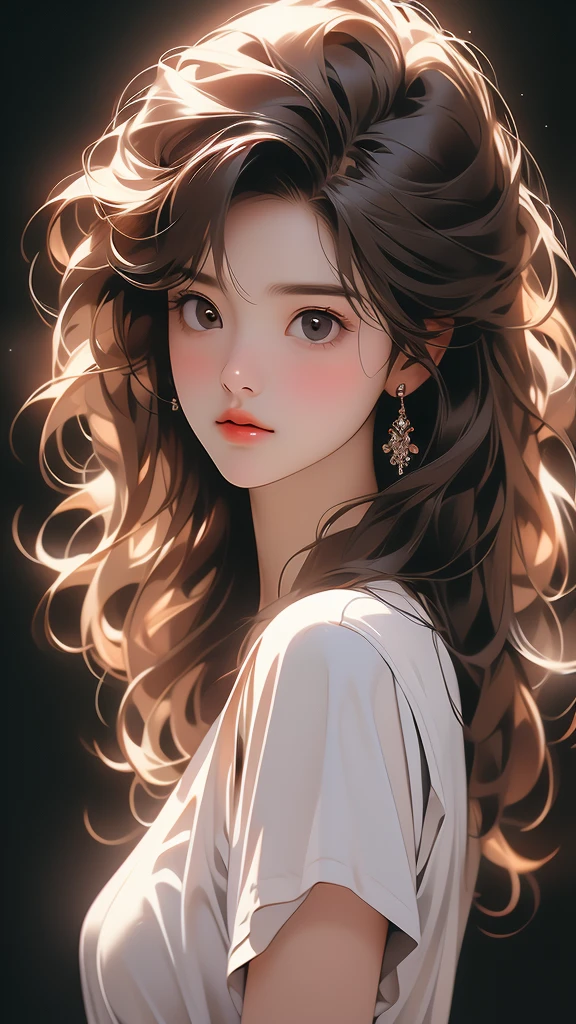 a closeup of a woman with frizzy brown hair, wearing a white shirt, with one hand on her head and the other behind her back, 1girl, solo, shirt, brown hair, looking at viewer, realistic, white shirt, upper body, black background