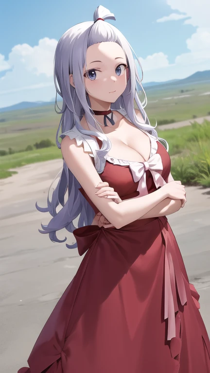 masterpiece, best quality, highres, aamira, long hair, bangs pinned back, topknot, forehead, choker, bare shoulder, cleavage, red dress, frilled dress, bow, sleeveless, cowboy shot, standing, outdoors, looking at viewer, town