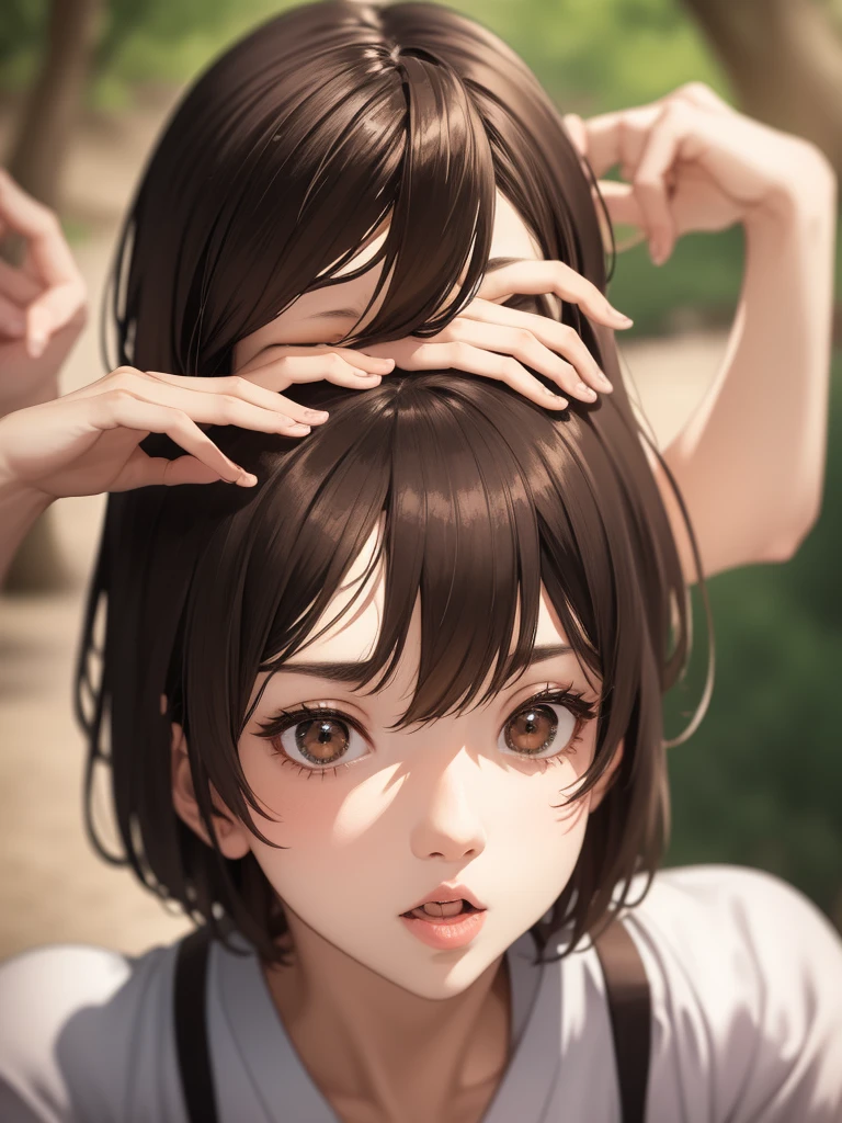 Short hair, outdoors, fair skin, messy hair, open mouth, Japanese woman, So cute, Soft and Face, Brown Hair, 8k解像度, Ultra-realistic, Super Definition, Soft Body Tight Ass Night, A cup small ((Highest resolution, 8k, masterpiece: 1.3)), Super Definition Face, Super Definition Lips, Beautiful Eyes, double eyelid