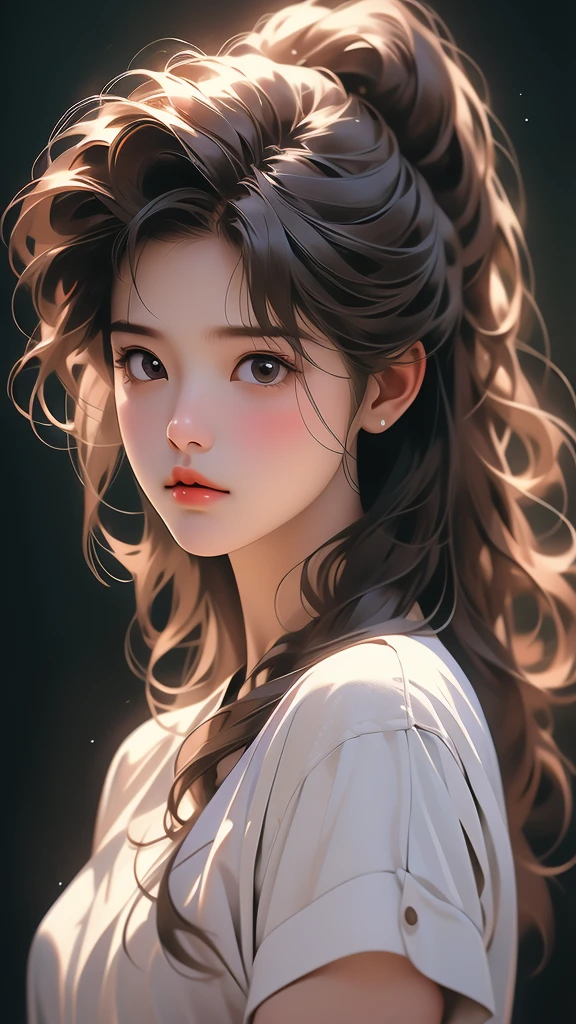 a close up of a female painting on art of her scratching her hair, 1girl, solo, shirt, brown hair, looking at viewer, realistic, white shirt, upper body, black background