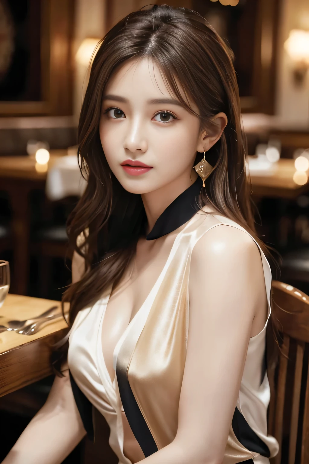 masterpiece, Highest quality, Realistic, Very detailed, Finer details, High resolution, 8k wallpaper, One beautiful woman, Wear a pretty colored silk shirt, In a great restaurant, At night, Light brown messy hair, Perfect dynamic composition, Beautiful and beautiful eyes、Big earrings、chest、Sleeveless shirt、